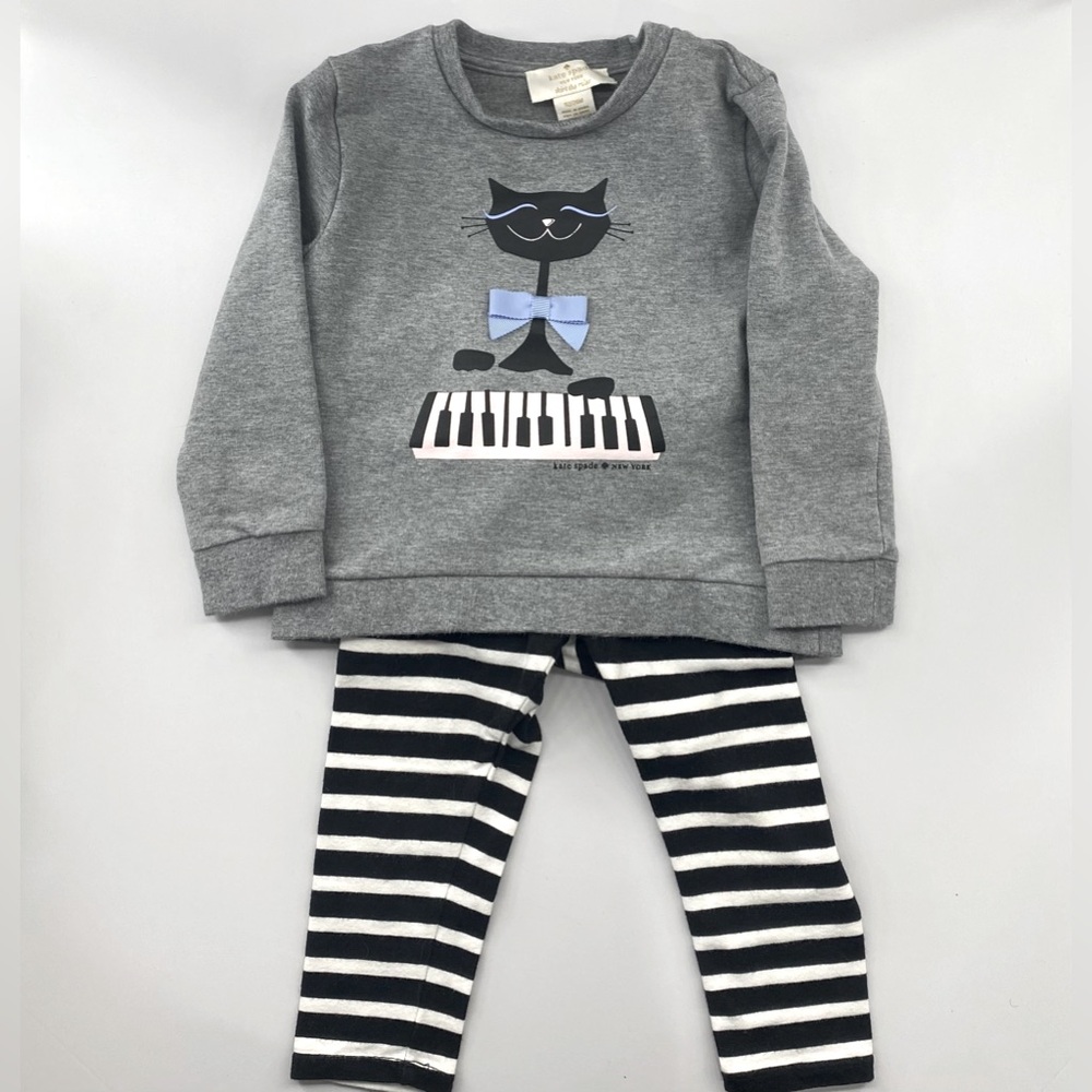 Kate Spade Baby Girl Cat Piano 3D Bow Matching Sweater and Striped Leggings